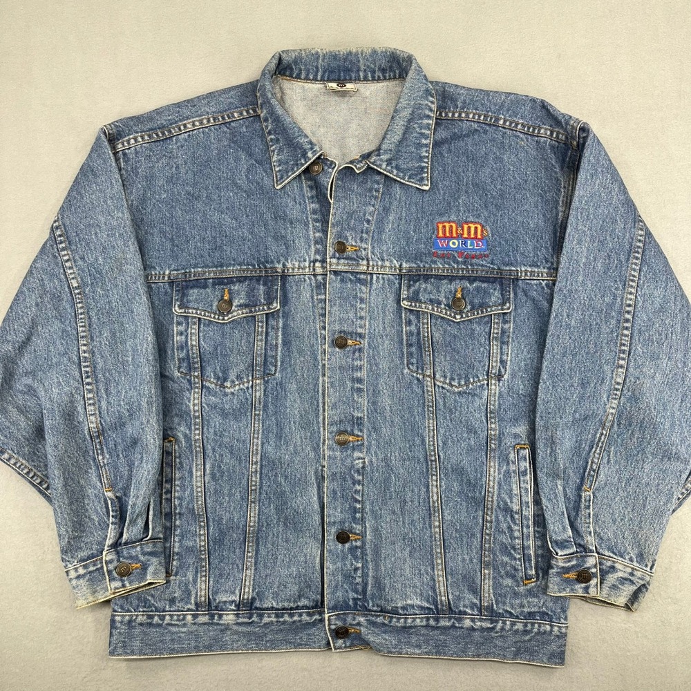 M&Ms World Las Vegas Mens‎ XL Denim Trucker Jacket Four of a Kind Blue Vintage